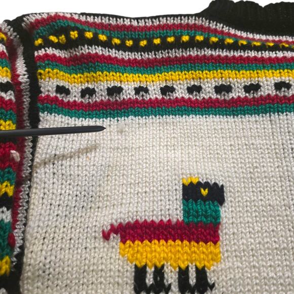 Vintage Handmade Chunky Knit Cardigan Mexican Sweater Pinatas Damas Llamas - Picture 5 of 5